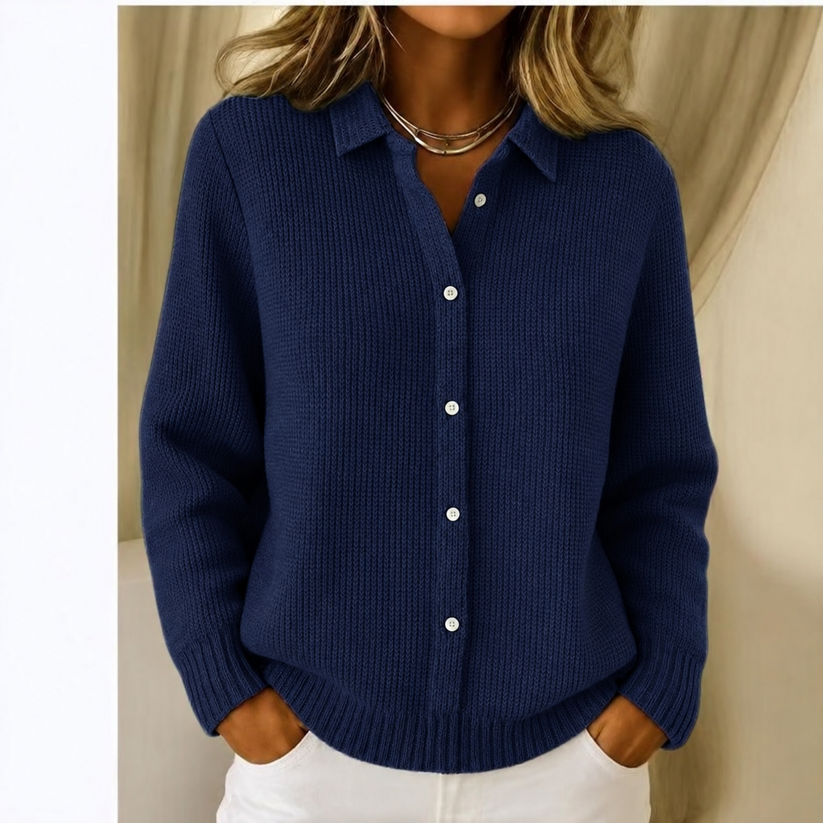 Collared Knit Cardigan — Dark blue. AI color visualization; actual shade may vary.
