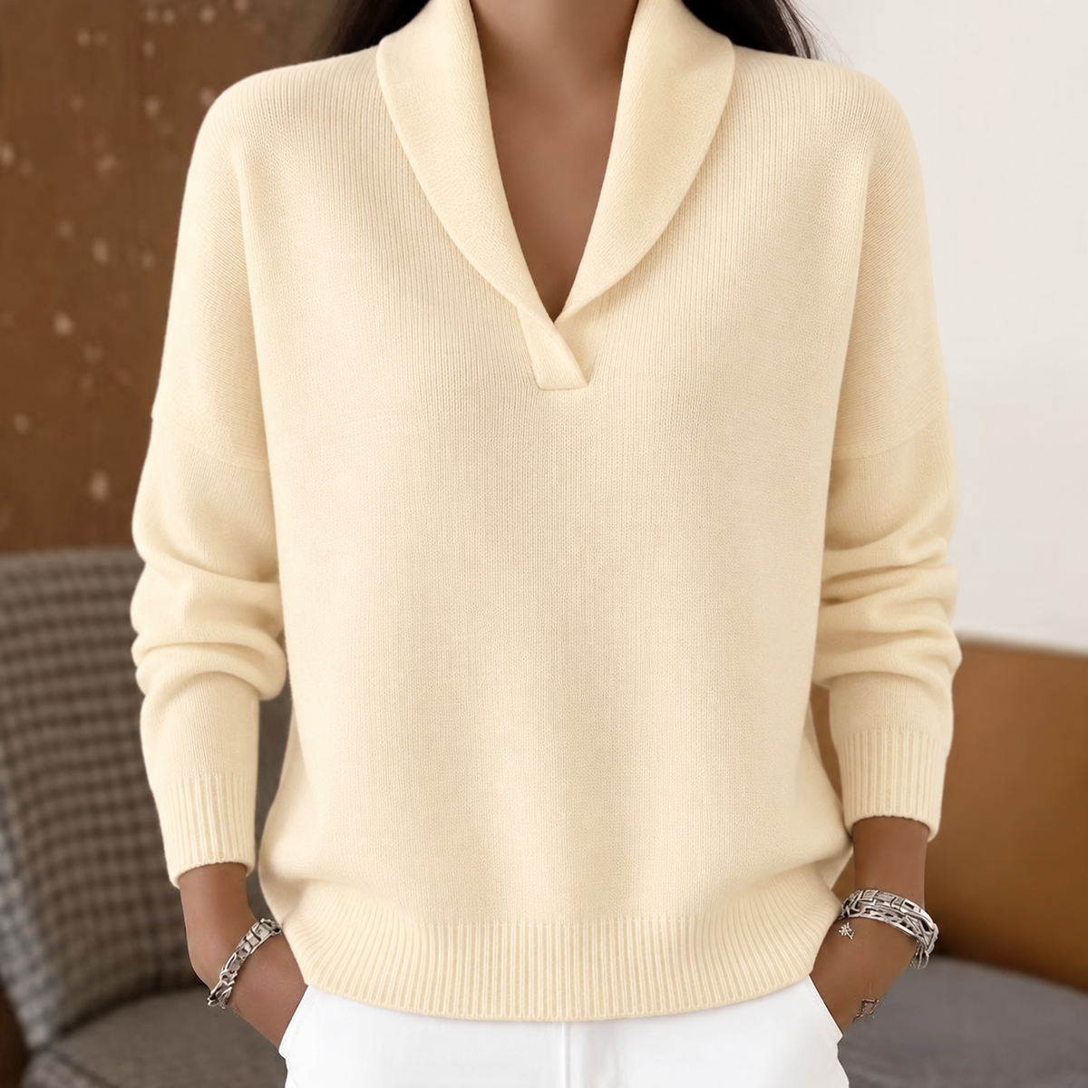 V-Neck Pullover Sweater — apricot. AI color visualization; actual shade may vary.