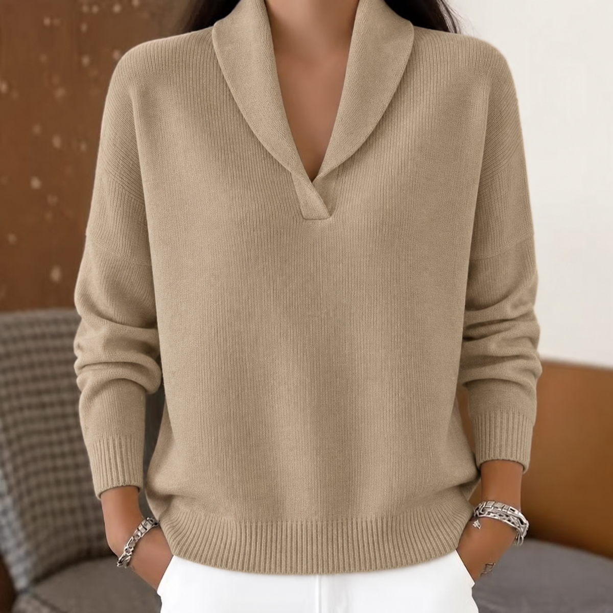 V-Neck Pullover Sweater — khaki. AI color visualization; actual shade may vary.
