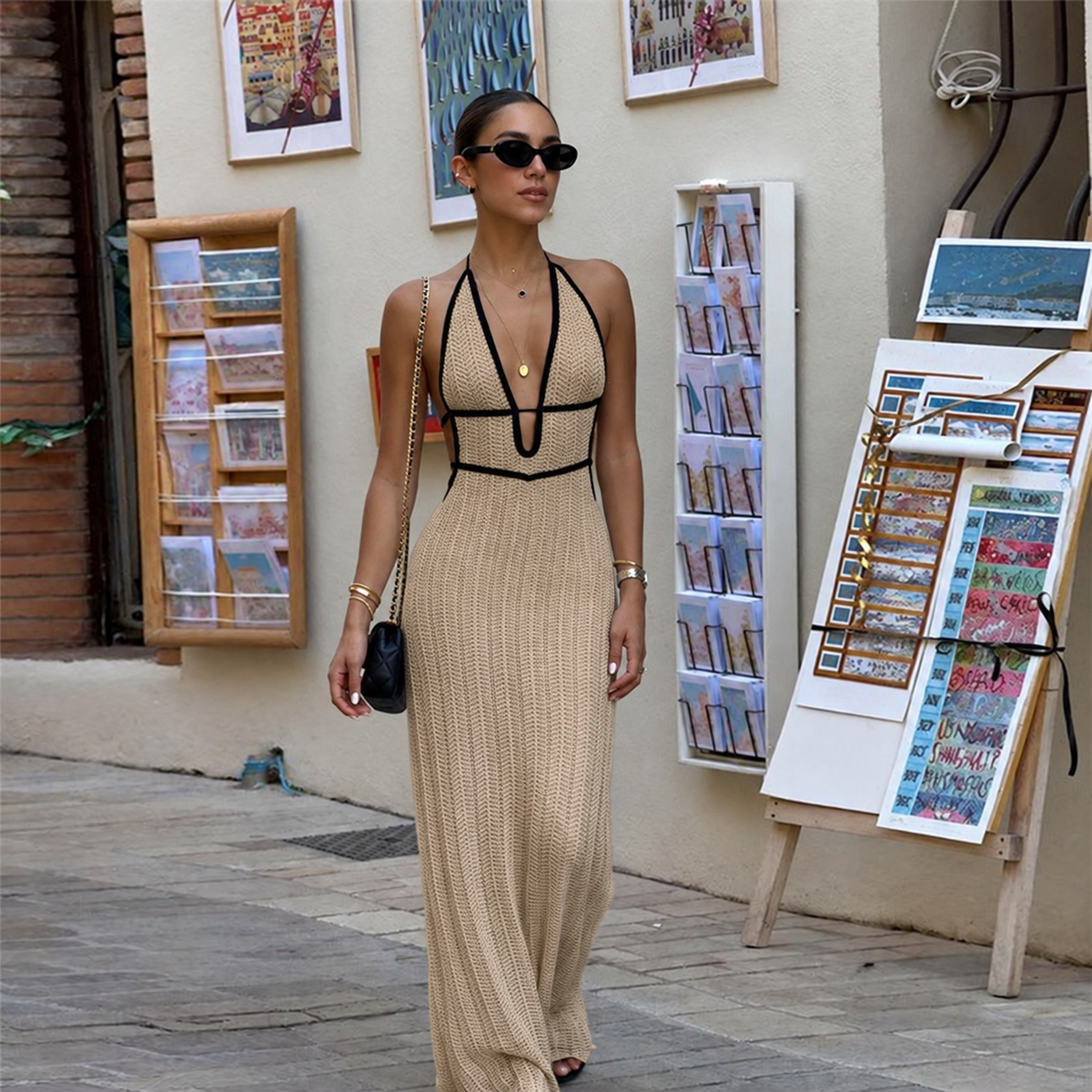 Contrast-Trim Knit Maxi Dress — Khaki. AI color visualization; actual shade may vary.