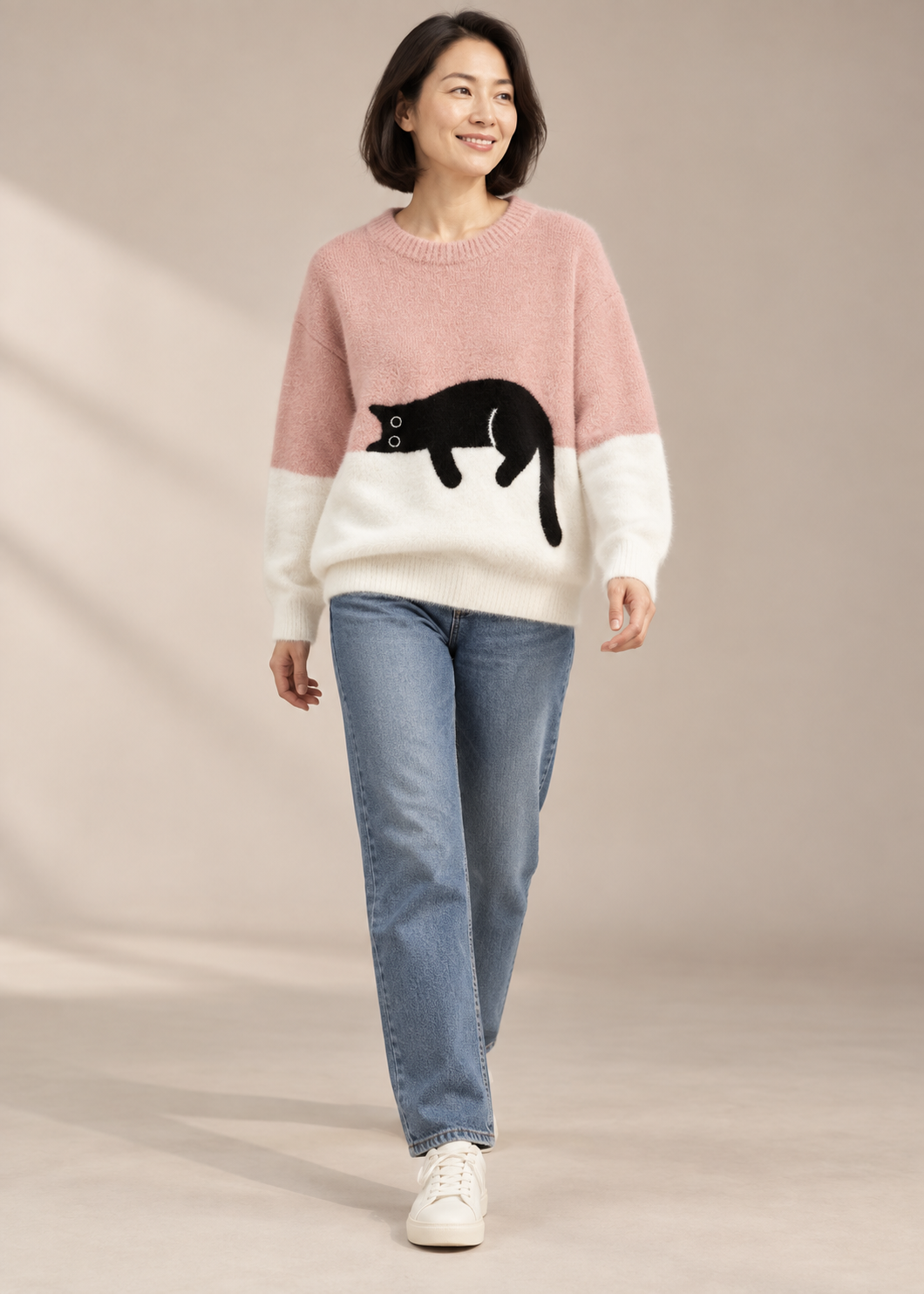 Sleeping Cat Print Sweatshirt — Pink