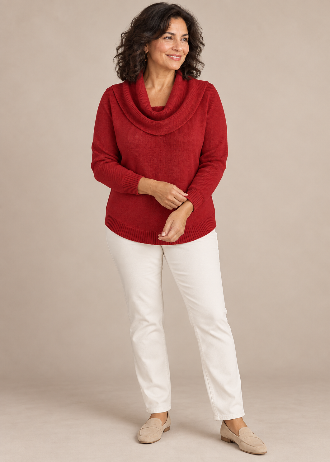 Cowl-Neck Knit Sweater — Red