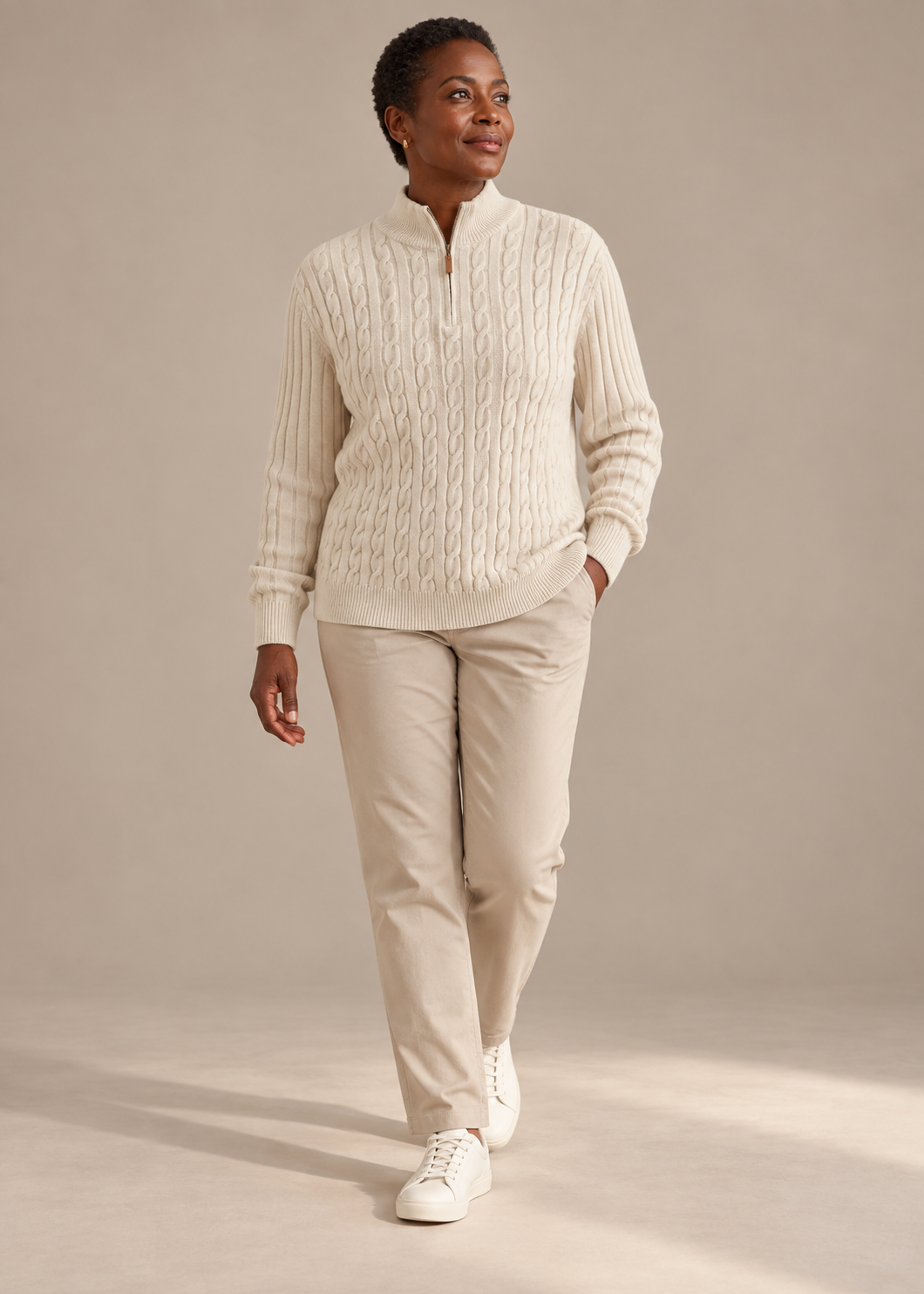 Half-Zip Knit Sweater — Cream White