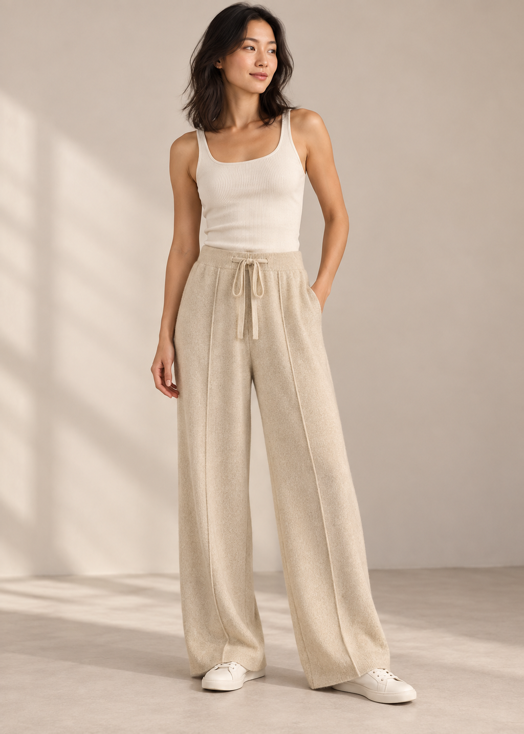 Drawstring Wide-Leg Knit Pants — Beige