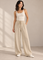 Drawstring Wide-Leg Knit Pants — Beige