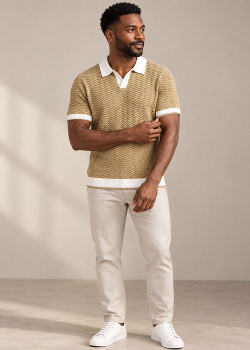 Contrast-Collar Knit Polo — Khaki