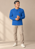 Waffle lattice button quick-drying shoulder Henry T-shirt long sleeves — Royal blue