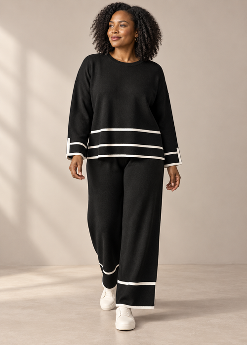Contrast-Trim Knit Pants Set — Black