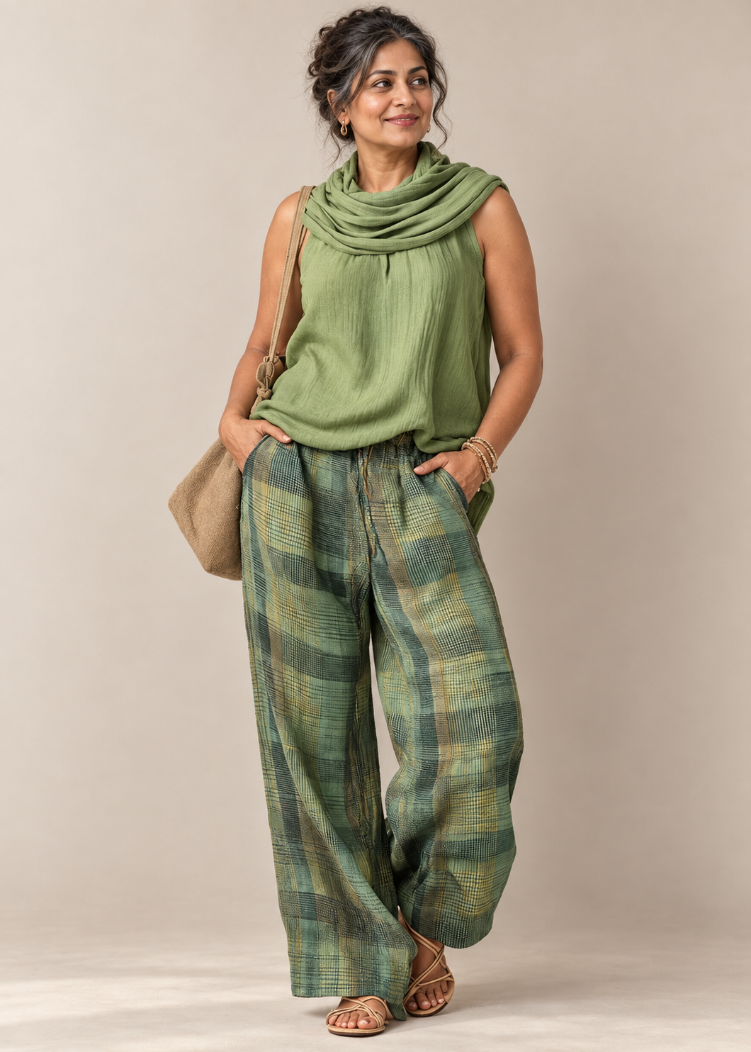 Sleeveless Top & Plaid Pants Set — green