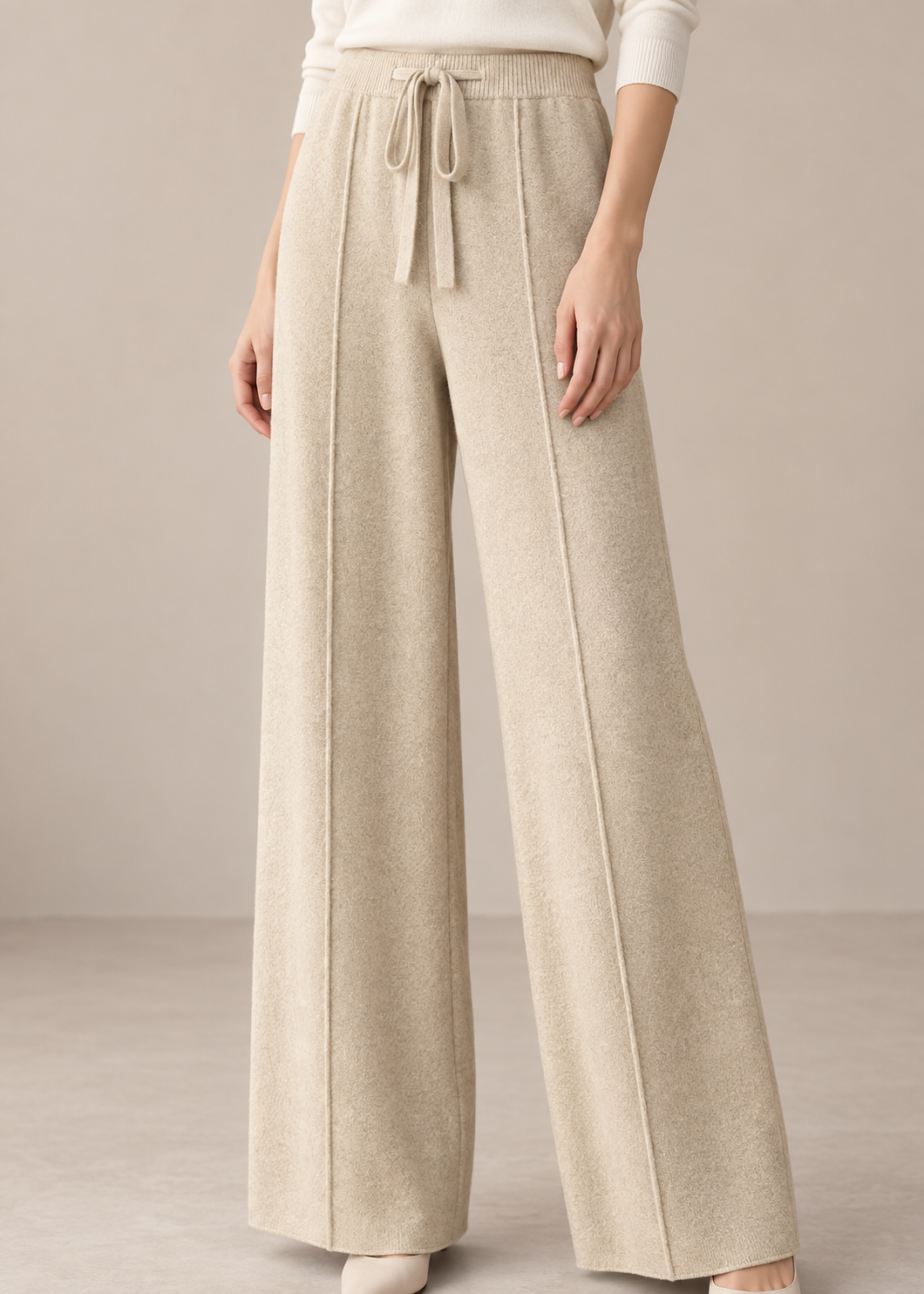 Drawstring Wide-Leg Knit Pants — Beige — detail