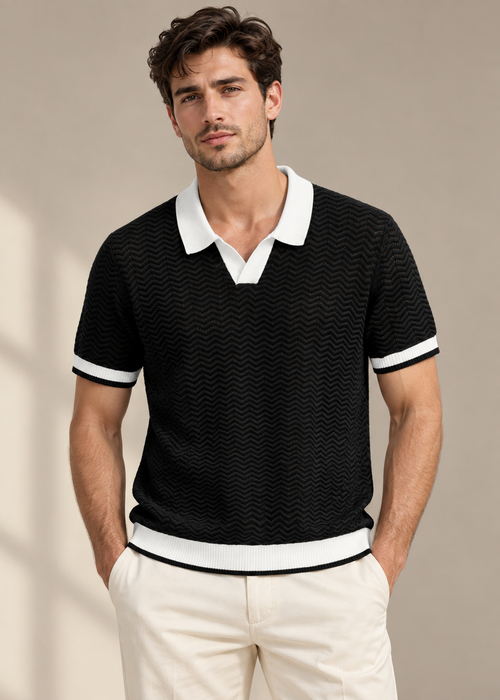 Contrast-Collar Knit Polo — Black