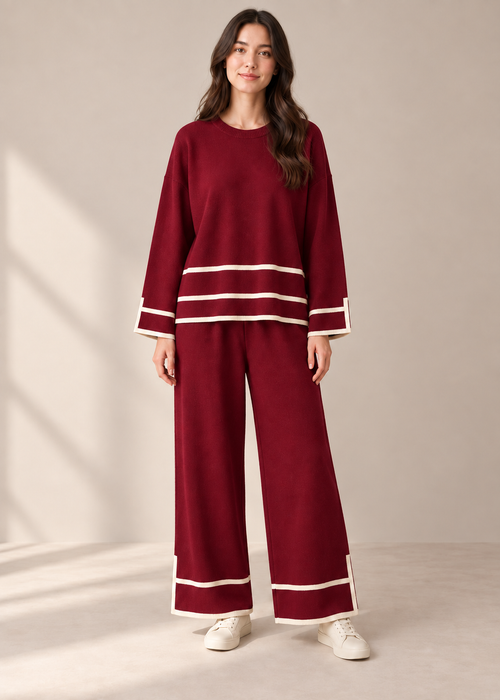 Contrast-Trim Knit Pants Set — Wine red