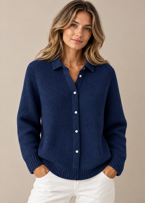 Collared Knit Cardigan — Dark blue