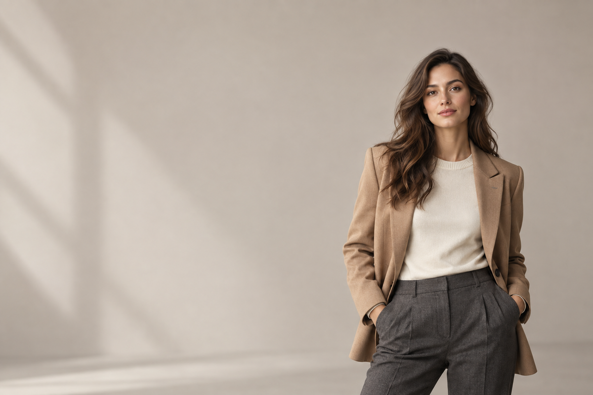Atlas fashion editorial with a model in a camel blazer and ivory knitwear